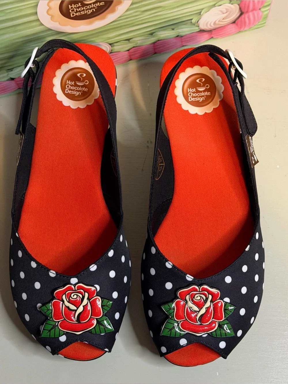 Hot Chocolate Design Rockabilly Rose Wedge Peep Toe Sandals Shoes Black Dot